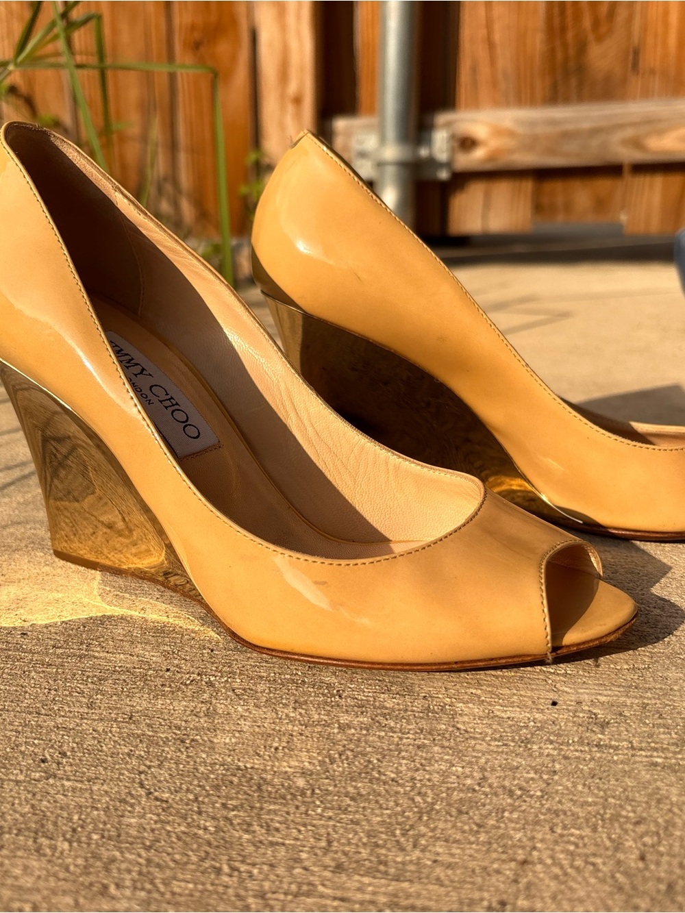 Jimmy Choo Beige Patent Peep-Toe Wedge Pumps
